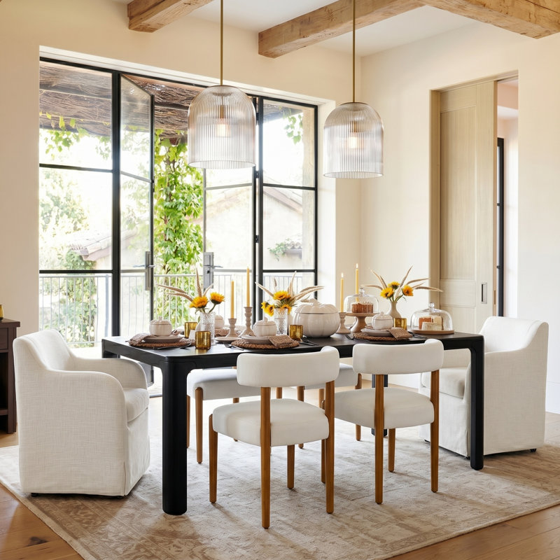  Lambrecht Modern Chenille Dining Chairs with Solid Wood Legs (Set of 2), Ivory