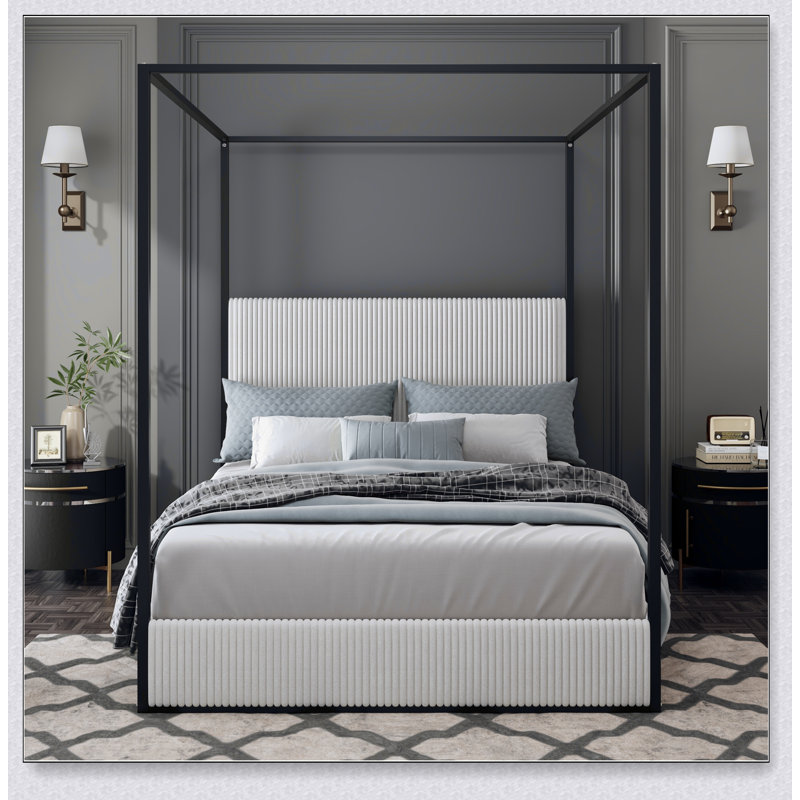 Modern Luxury Metal Canopy Bed With Tall Corduroy Upholstered Headboard And Gold Four Poster, No Box Spring Needed, Queen