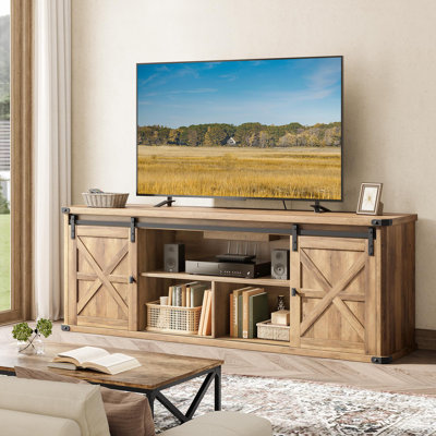 Meuble télé pour téléviseur de 75 po ou moins Cesilee avec 2 portes de grange coulissantes et station de charge intégrée