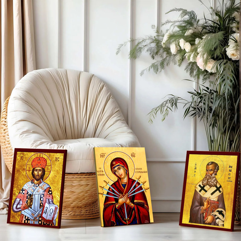 Ensemble de 3 affiches murales encadrées, triptyque d'icônes orthodoxes byzantines sur toile, décoration religieuse chrétienne représentant Jésus-Christ, la Vierge Marie et des saints, pour la maison, l'église ou le bureau. Décoration spirituelle sur fond doré. Œuvre d'art religieuse.