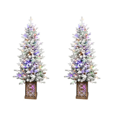 4ft Pre-lit Flocked Potted Artificial Christmas Tree with Multicolored LED Lights(Set of 2)