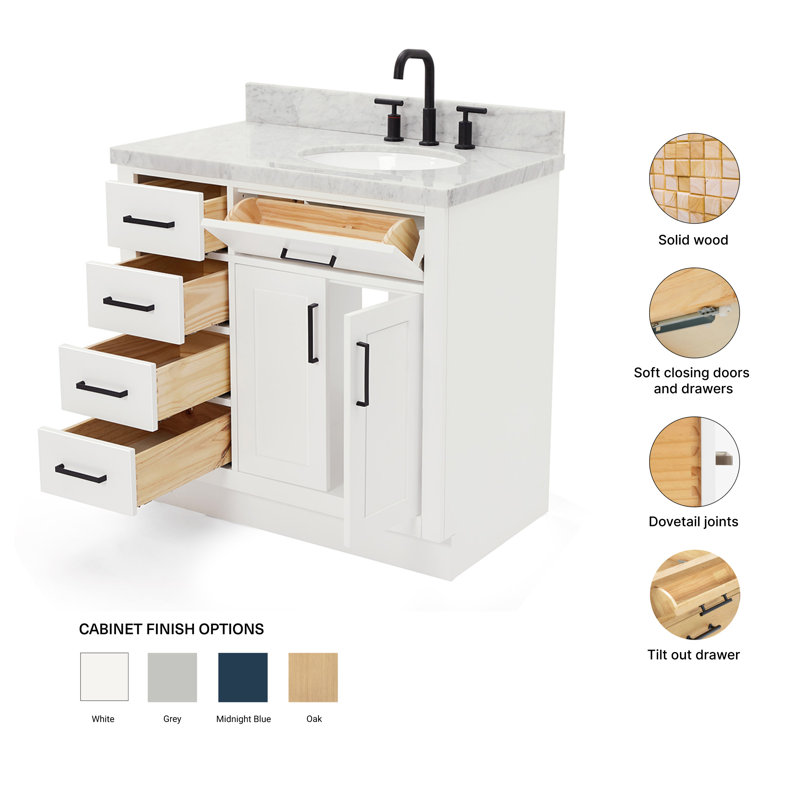 ARIEL HEPBURN 37 IN RIGHT OFFSET RECTANGULAR SINK VANITY 1,5 IN, White, Oval, Right