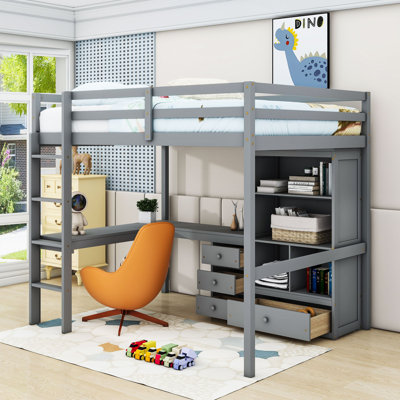 Karalynne Full Size Loft Bed With Desk, Storage Shelves, Drawers