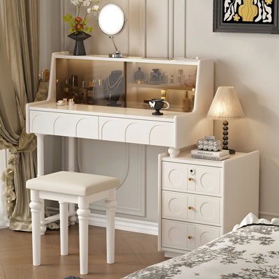 31.50"Modern Minimalist Cream Style Solid Wood Dressing Table with Password Lock Side Cabinet, Mirror and Stool