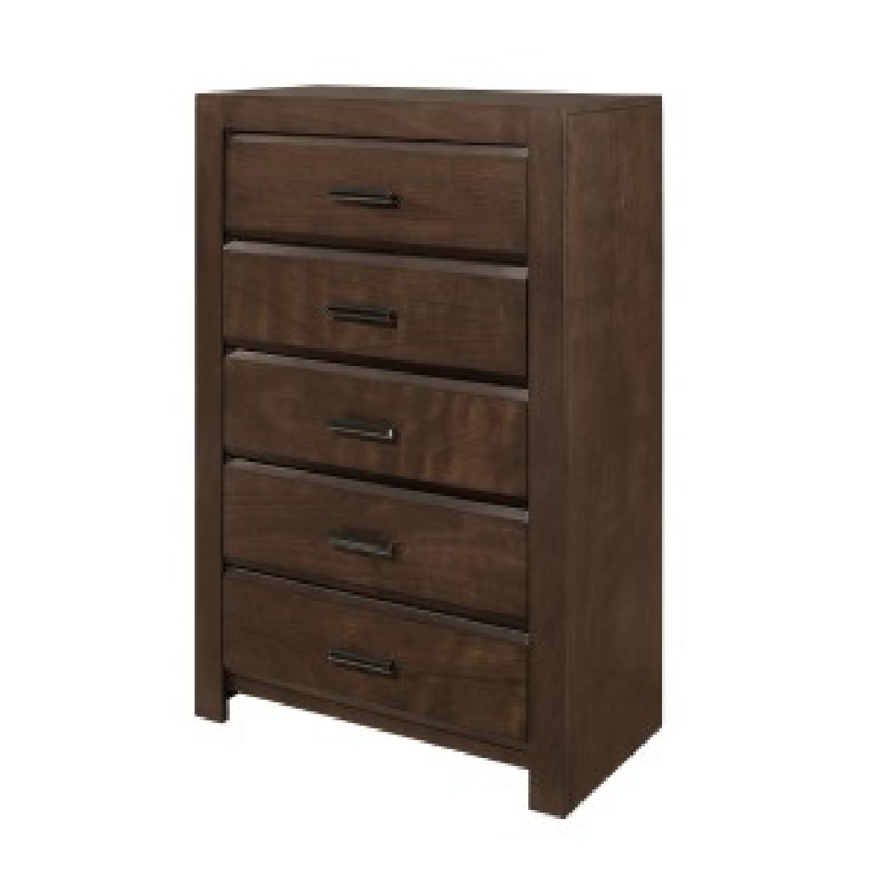 Grande commode Rawn, 5 tiroirs avec poignées en métal, placage d'okoumé brun