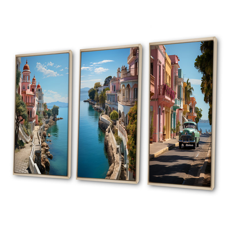 Cuba Cienfuegos perle du sud - ensemble de 4 décorations murales paysage cubain, H 40 po x l 60 po, Cadre flottant brun