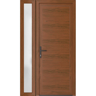 Porte d'entrée extérieure prémontée en PVC-U métallisé avec vitrage dépoli, modèle Manux 8111, finition noyer, imposte latérale, portes pour bureaux, commerces et habitations, entrée, patio, garage, 52 x 80 (L 36 + 16 x H 80), ouverture à droite vers l'intérieur