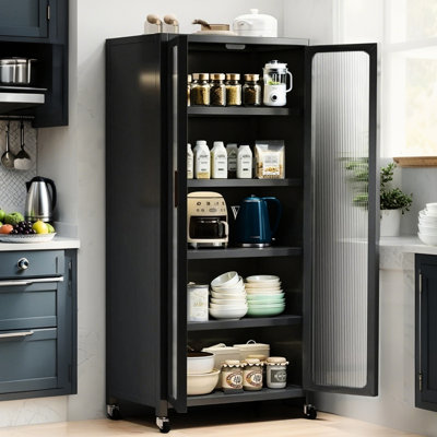 65" Metal 6 Tier Pantry Storage, Transparent Door, Adjustable Shelves, Wheels, Gray, Contemporary And Practical Storage Design
