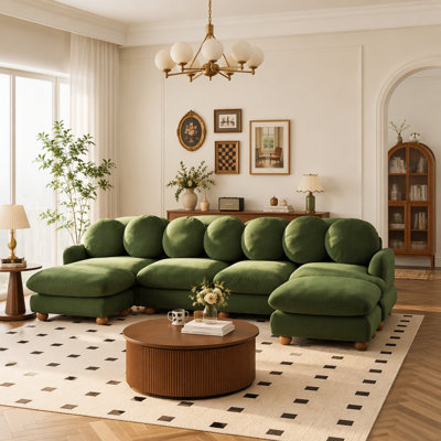 Canapé modulaire en chenille Comfy avec 6 coussins décoratifs, repose-pieds mobile et structure en bois massif pour le salon et la chambre à coucher