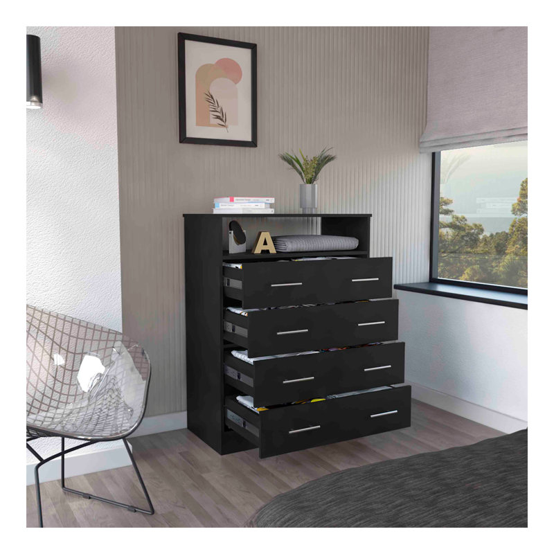 Commode 4 tiroirs Pérou, plateau supérieur, 1 tablette ouverte - noir