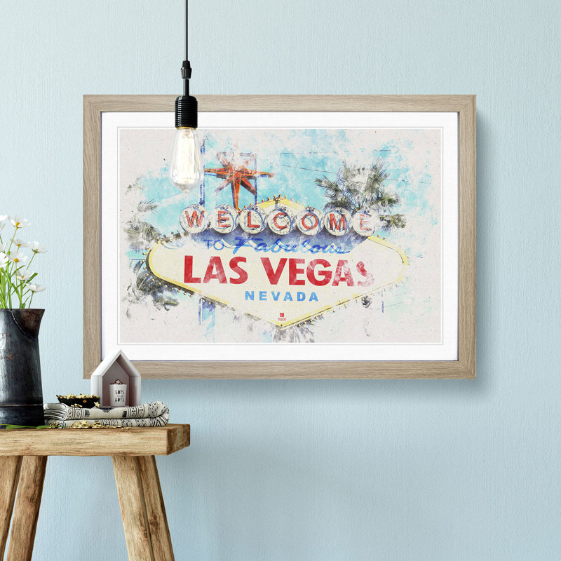 The Welcome to Las Vegas Sign - Picture Frame Painting Print, 24cm H x 33cm W x 2cm D, Oak Framed