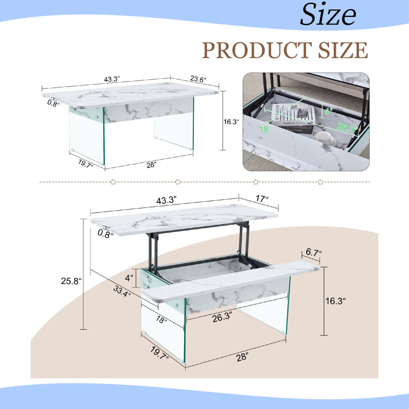 Lift-Top Coffee Table with Wood Grain & Glass Legs, White