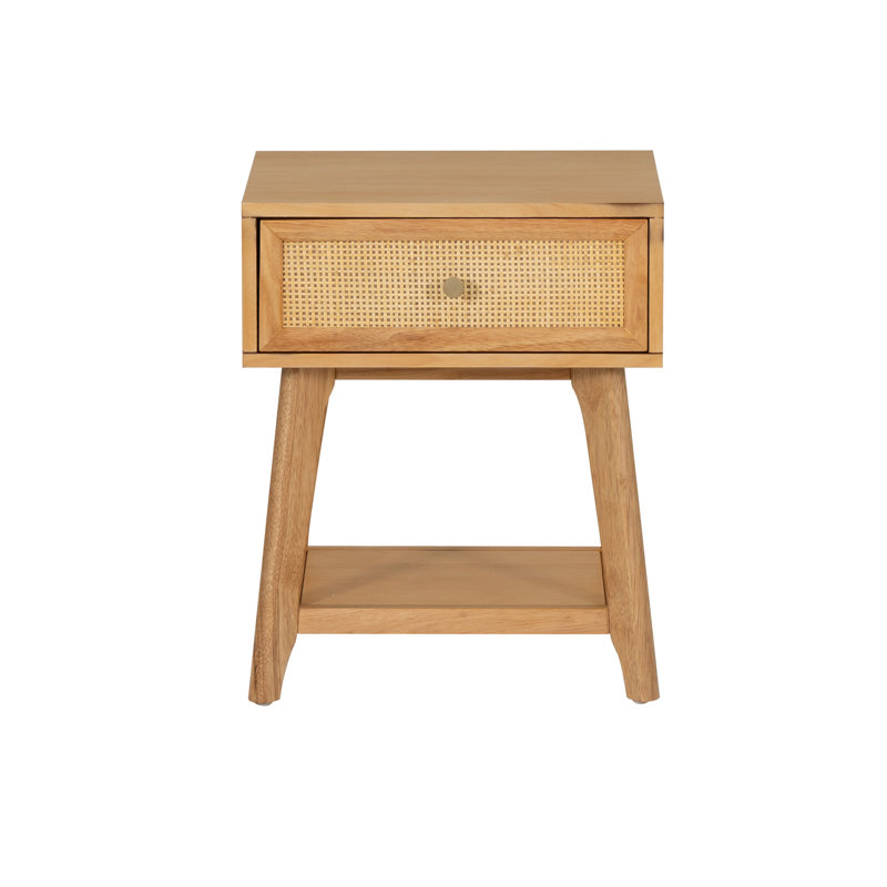 Cane Nightstand With Drawer and Shelf, Tan