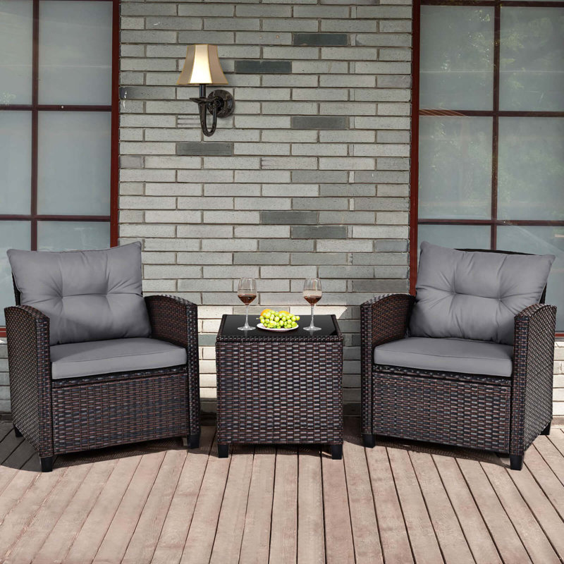 3 Pcs Patio Rattan Furniture Set Cushioned Conversation Set Sofa, Gray