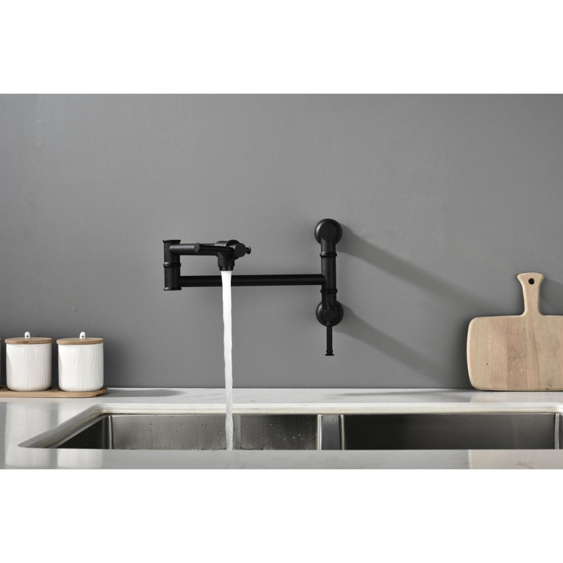 Wall Mounted Kitchen Pot Filler Faucet, Modern Brass In Matte Black With Corrosion Surface Faucet Black, Swing Arm Design For