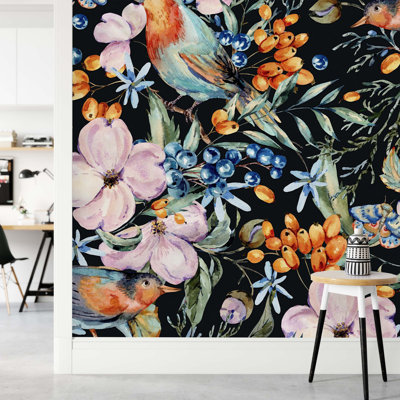 Dark Wallpaper With Berries And Birds Peel And Stick And Prepasted (PP)_M1458