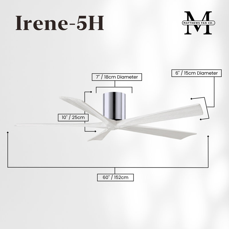 60" Irene 5-Blade Hugger Ceiling Fan with Wall Remote, Polished Chrome, Matte White, 60"
