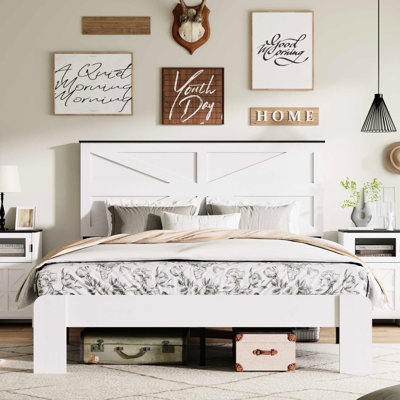 White Full Bed Frame, Noise , No Box Spring Necessary, Simple Assembly, Ample Under Storage, Mi - Shaped Headboard, Industrial Style For Bedroom Ambiance Size Frame Of Metal And Wood, Needed,
