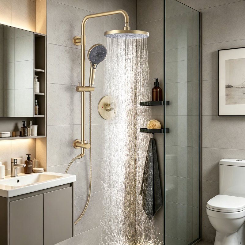 Robinet de douche mural 31 po avec valve à pression équilibrée anti-brûlure, Doré
