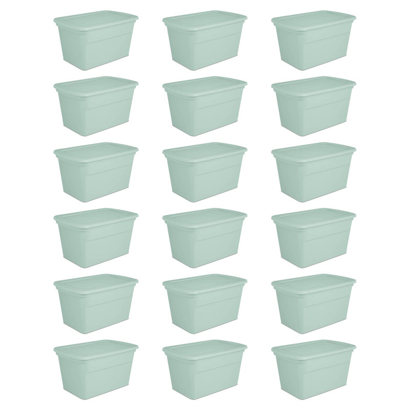 Sterilite 30 Gal Latch Tote with Handle for Home Storage, Mindful Mint (18 Pack)