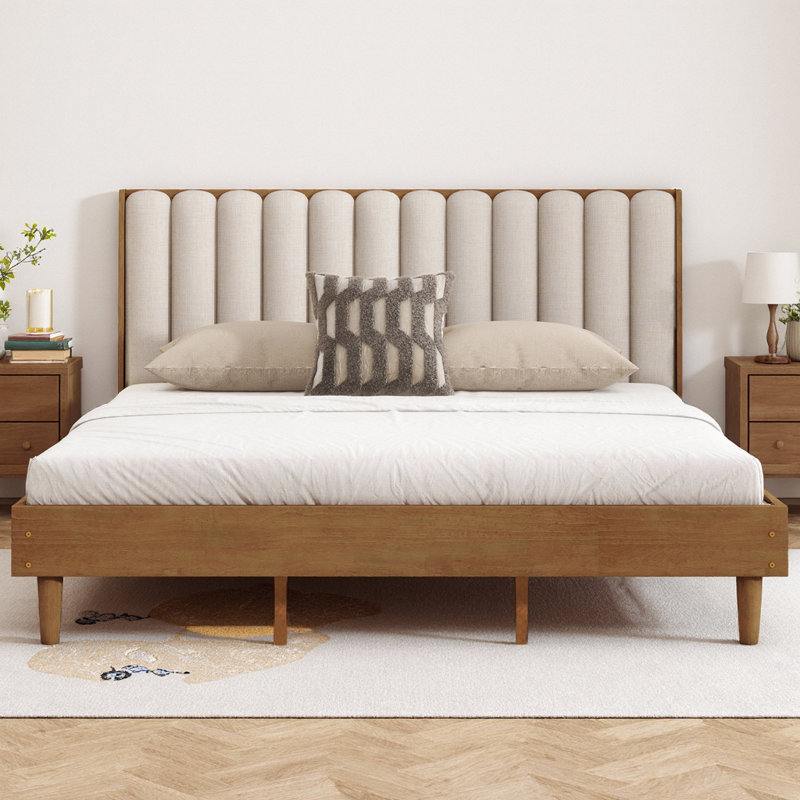 Lit plateforme en bois avec tête de lit tapissier de couleur blé, base de lit en pin massif avec support renforcé, aucun sommier tapissier requis, design minimaliste moderne