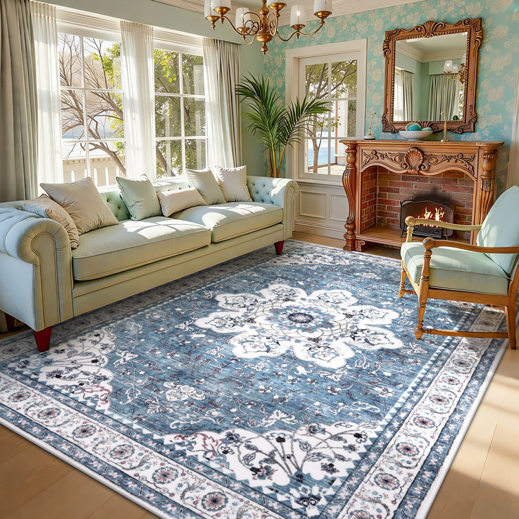 Machine Washable Non-Slip Blue Oriental Area Rug