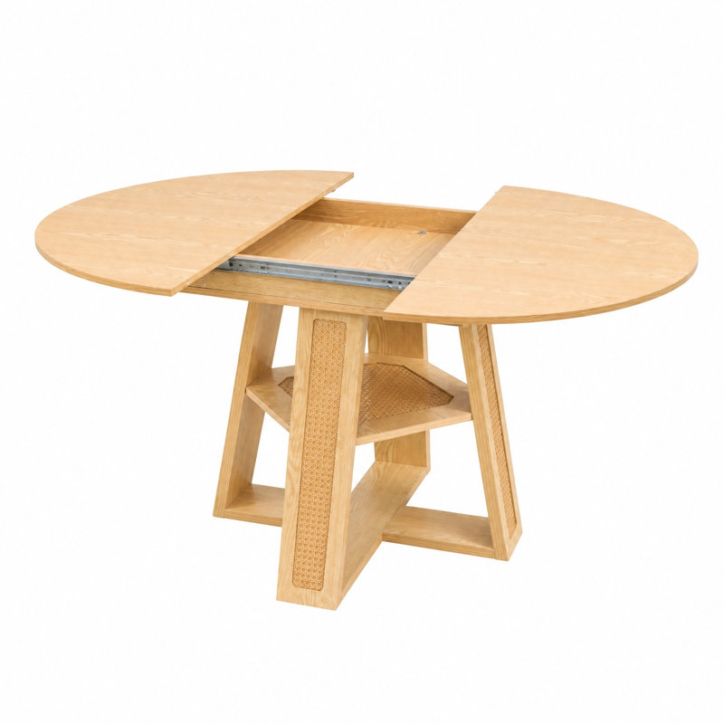 Table de salle à manger extensible ronde à ovale de 150 cm avec rallonge amovible, table de cuisine en bois naturel pour 4 à 6 personnes, accents en rotin