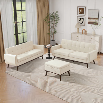  Ensemble de causeuse et canapé avec repose-pieds, ensemble de salon rembourré capitonné 3 pièces