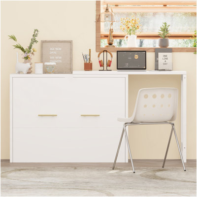 Lit simple escamotable avec commode à hauteur réglable, commode escamotable avec coussin pliable pour chambre d'amis, petit espace, blanc
