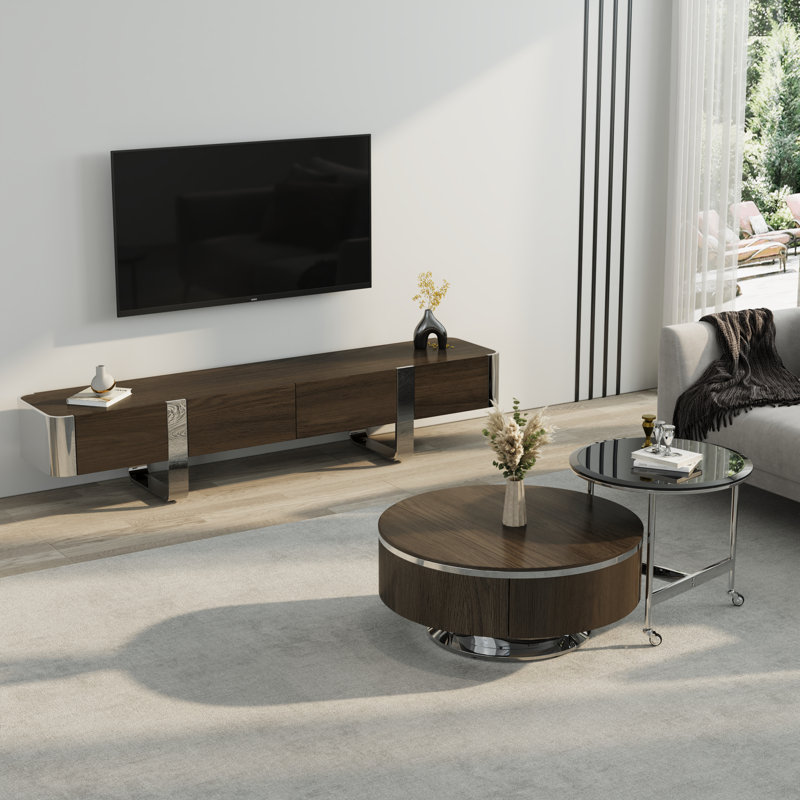 Meuble télé 79 po avec ensemble de 2 tables basses gigognes en noyer, Bois brun / argent