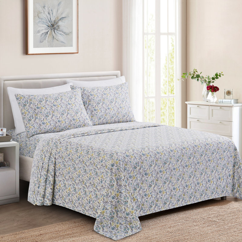 Ensemble de draps en rayonne de bambou toutes saisons 6 pièces avec 4 taies d'oreiller, motif floral jaune / bleu sarcelle Marina