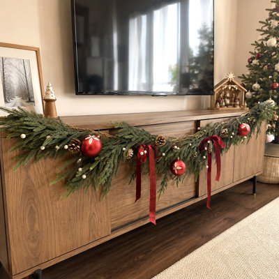 Artificial Christmas Garland Set With Red Ornaments & Velvet Bows, Indoor Holiday Staircase And Mantel Décor