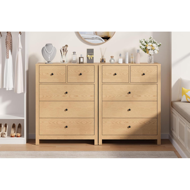 Natural Oak Tall 5-Drawer Dresser, Modern Wood Chest for Kids Bedroom, Yellow