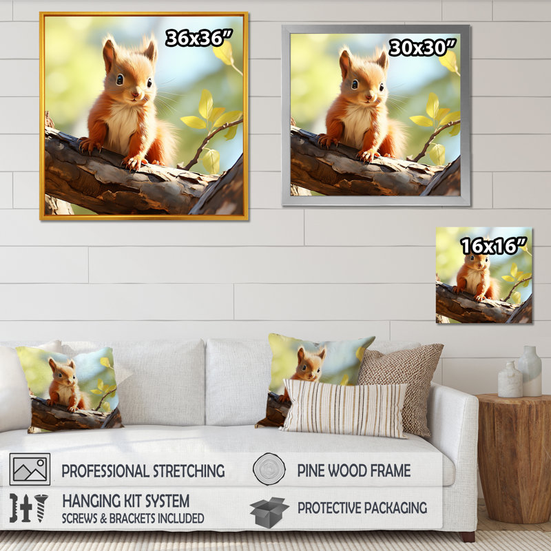 Forêt, écureuil mignon - écureuil, art mural, H 36 po x l 36 po x P 1,5 po, Cadre flottant noir