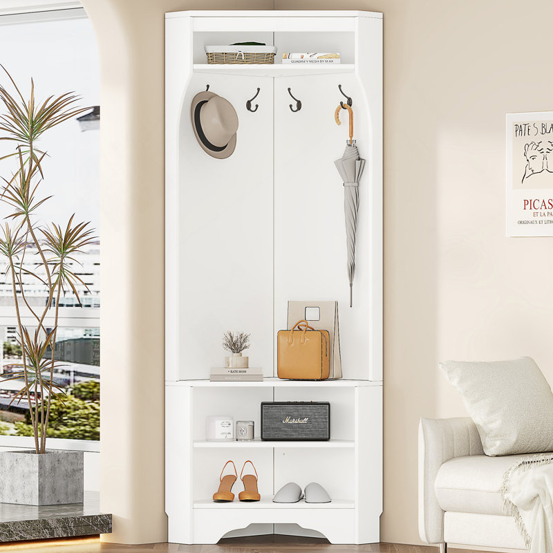 29.5''W*71.6''H Minimalist Corner Hall Tree with Shoe Bench, Versatile Entryway Coat Rack with 4 Hooks and Adjustable Shelf for Hallway, Living Room