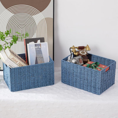 Wicker Storage Basket, Set Of 2 Hand-Woven Paper Rope Wicker Basket, Small Storage Baskets For Organizing Toilet Paper Basket, Foldable Large Cube Storage Organizer Bins For Shelves