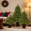 Ensemble de 3 sapins de Noël pré-illuminés de 60 cm, 90 cm et 120 cm avec lumières chaudes, pot robuste et branches retombantes pour une décoration de Noël à plusieurs niveaux