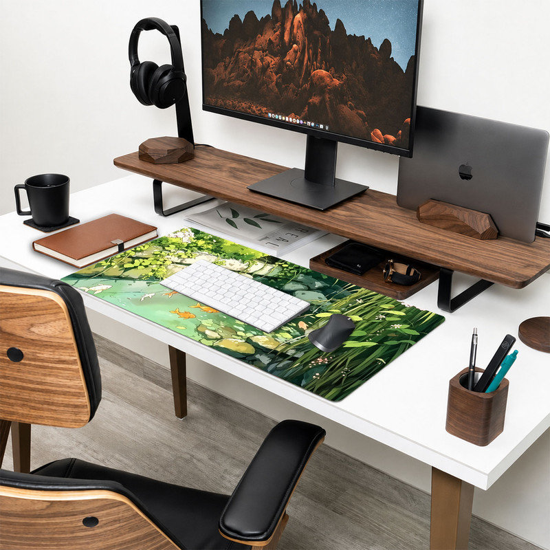  Tapis de souris en caoutchouc, surface en microfibre lisse, base antidérapante, tapis de souris décoratif à bord arrondi pour le bureau et les jeux, 12 po x 32 po, étang à poisson rouge