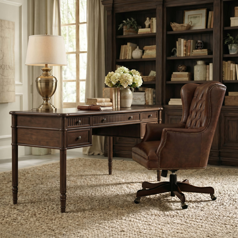 Hoai 55''W Transitional Fluted Simple Assembly Desk with Charging Station and Cable Management, Walnut