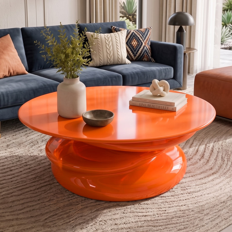 Table basse moderne haut de gamme en fibre de verre, table d'appoint ronde à pied central laqué brillant pour salon, livrée montée, orange