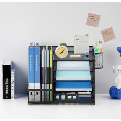 Organisateur de bureau en filet avec porte-classeur, organisateur de bac à papier en papier à 5 niveaux, organisateur de bureau et rangement avec tiroir