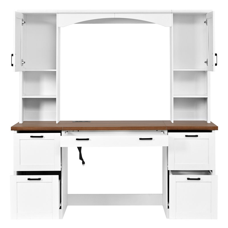 Bureau d'ordinateur de ferme avec huche, bureau mural avec station de charge et plateau à clavier Farmhouse