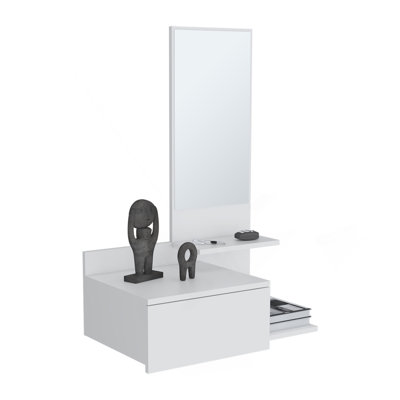 Armoire de couloir flottante H 36,2 po, 1 tiroir, 3 tablettes, 1 miroir, blanc