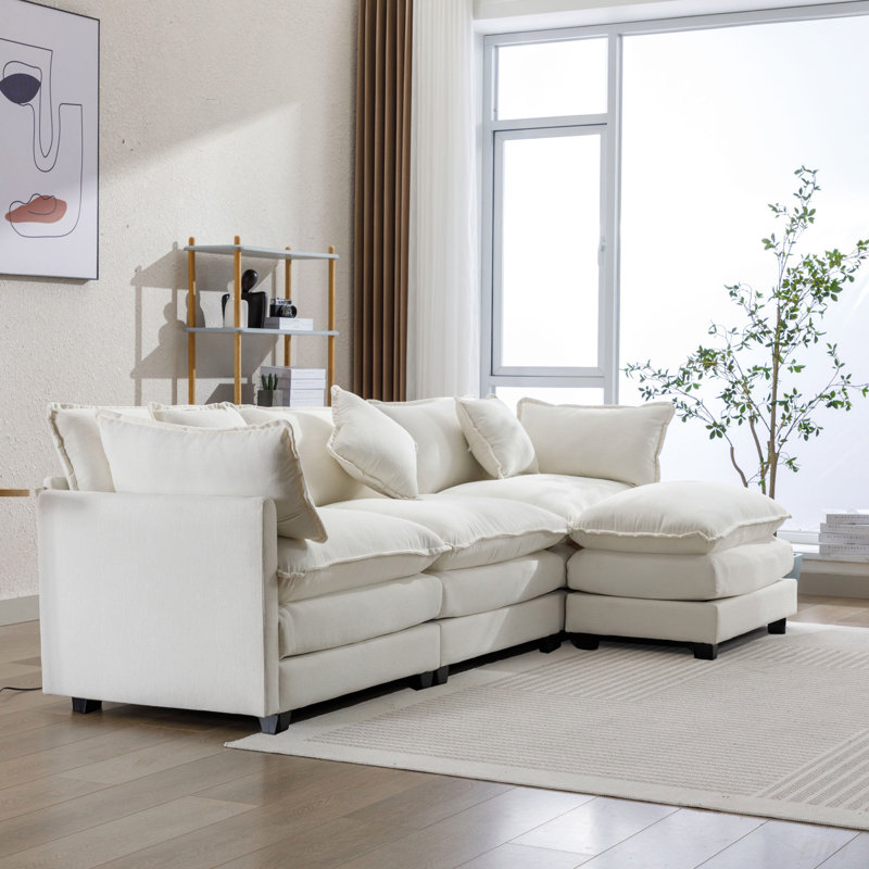 Canapé modulaire rembourré, Chenille beige, H 33 po x l 112,2 po x P 35,4 po