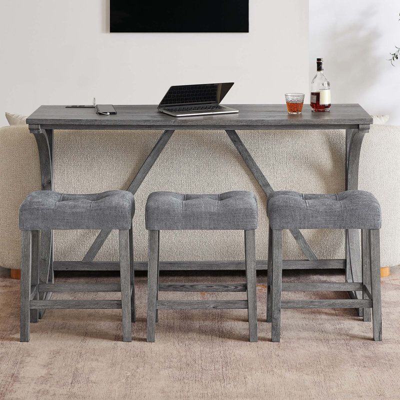 Ensemble de table de salle à manger étroite 4 pièces avec prise de courant et 3 tabourets rembourrés, idéal pour les petits espaces et la vie moderne