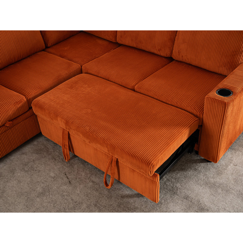 83.6" Wide Corduroy Sectional Sleeper Sofa (Pull-Out Bed) With Storage, Orange
