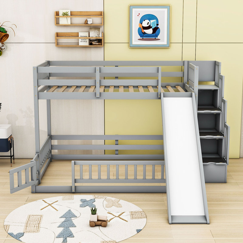 Twin Over Full Wooden Bunk Bed With Slide And Staircase, Grey