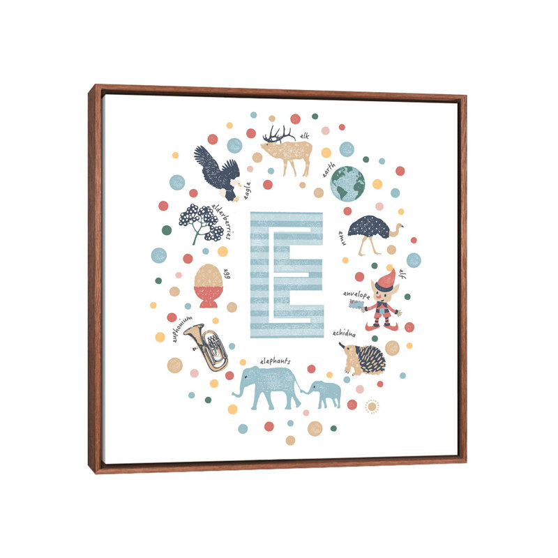 Lettre illustrée E bleue - impression, Aucun mat, Toile avec cadre brun, H 18 po x l 18 po x 1,5 po