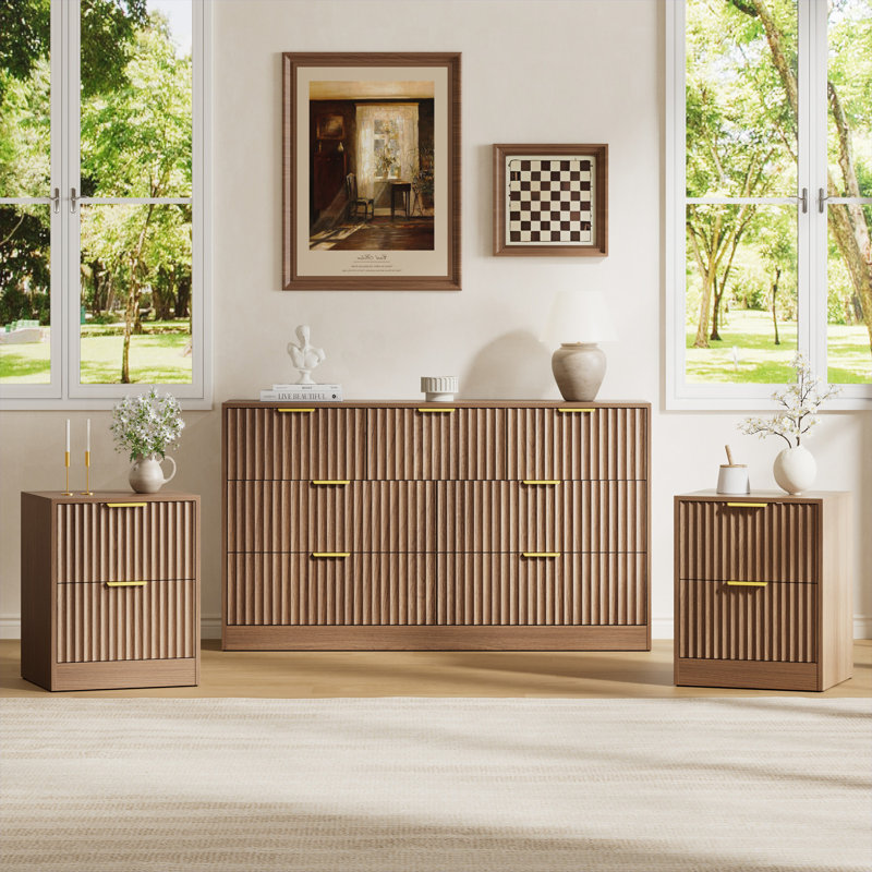 Ensemble 3 pièces commode 7 tiroirs et table de chevet 2 tiroirs, Brun