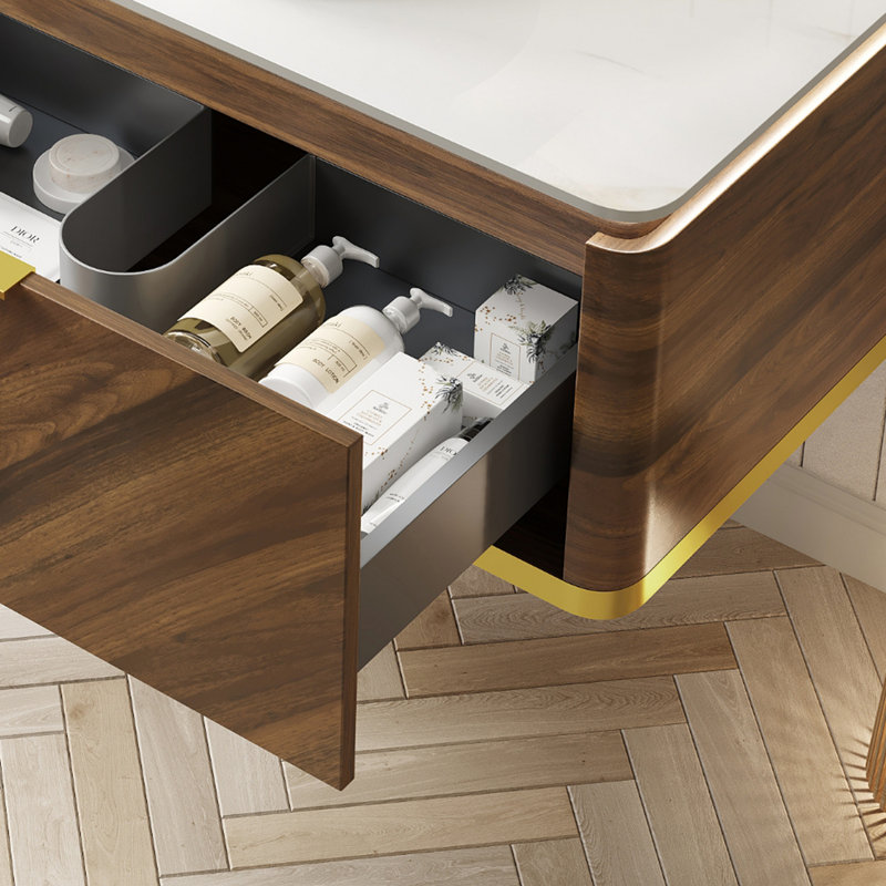 36" Wall-Mounted Carrara White Sintered Stone Countertop and Dark Walnut Woodgrain Plywood Cabinet
